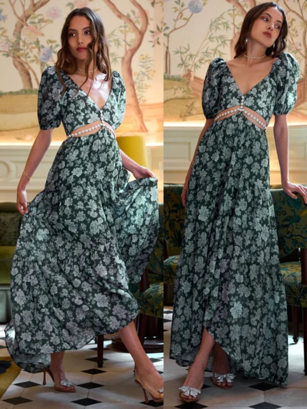 V. Chapman The Emma Dress Emerald Peony Print Floral High Low Cut Out NWT Size 0 - Picture 11 of 12